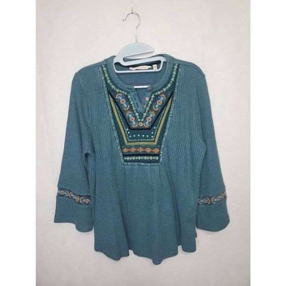 Soft Surroundings Gabriel Waffle Knit Embroidered Beaded Flared Sleeve Boho Top - Picture 2 of 8